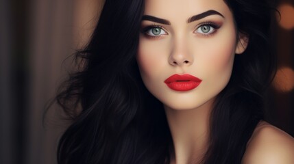 A woman with long black hair and green eyes is wearing red lipstick