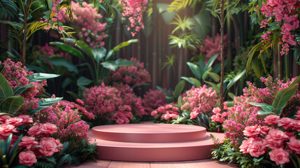 Fototapeta na wymiar Pink stand for displaying products in the flower garden, Generative AI