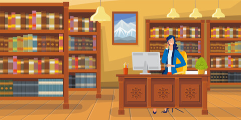 Cheerful employee talking on phone at workplace. Library, worker, computer, telephone vector illustration. Publishing house, communication concept - obrazy, fototapety, plakaty