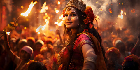 Close up portrait of a beautiful woman with colorful makeup and mask at culture Carnaval 