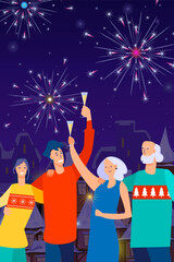 Happy family celebrating Christmas. Young and senior couples toasting Champagne vector illustration. Fireworks in night sky. New Year, Xmas, party, holiday concept