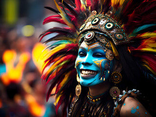 Close up portrait of a beautiful woman with colorful makeup and mask at culture Carnaval 