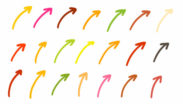 Doodle arrows pointers icons collection in hand drawn simple flat trendy scribble style in different colors. Vector infographic illustration isolated set on white background.