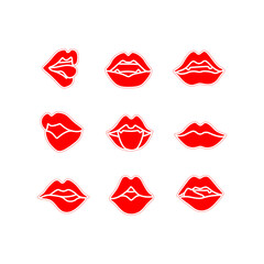 Red lips icons set. Woman mouth. Print for clothes and logo design, small tattoo, emblem, face car, logo design. Black and white isolated vector illustration.