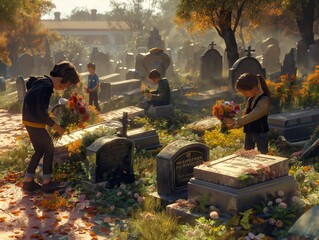 A group of children are at a cemetery, tending to flowers at the graves of their loved ones