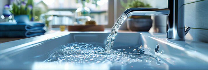 Water Flowing from a Modern Faucet into a Sink, Symbolizing Cleanliness, Freshness, and Modern Home Design