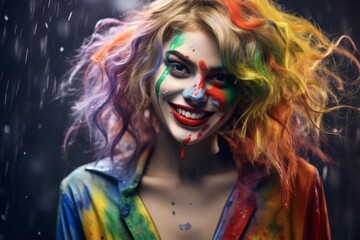 A woman in a clown costume stands against a blurred background.