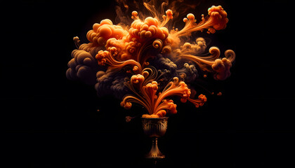 Vivid tangerine tendrils of smoke, floating and curling in the stark darkness. - obrazy, fototapety, plakaty