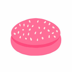 Pink burger bun with sesame seeds icon in cartoon flat style. Vector illustration isolated on white background. For menu, poster, infographic, restaurant.