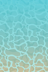 Fototapeta premium Calm transparent blue water surface and sandy beach. Modern background in cartoon style. Flat beach background design with serene blue ripples. Backdrop for summer vacation. Vector illustration