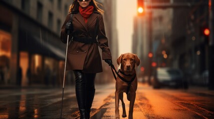 Cropped shot of young blind caucasian woman with guide dog and a walking stick crossing the street...