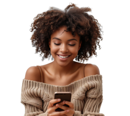 Happy African American young woman using cell phone, cut out