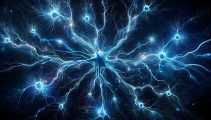 Electric blue neurons connecting in a web of intelligence and consciousness - obrazy, fototapety, plakaty