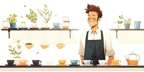 Tea Sommelier Guiding Through Flavors and Aromas of Curated Ceramic Cups on Shelves