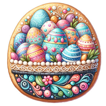 A colorful egg basket with a variety of eggs in it. The basket is decorated with flowers and leaves, and the eggs are painted in different colors. Scene is cheerful and festive, likely for Easter