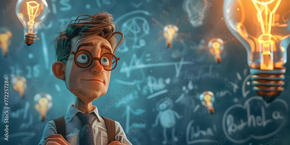 Poster innovative whiteboard character illustrating ideas and expansive expression with copy space on isola