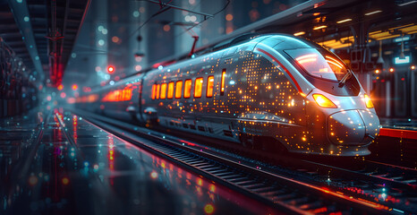 Fototapeta na wymiar AI transportation, a train in the train station, self driving, beautiful colors