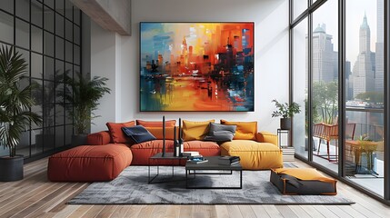 wall white art mockup, with a contemporary cityscape painting that captures the energy and excitement of urban life, portrayed in high-resolution cinematic photography