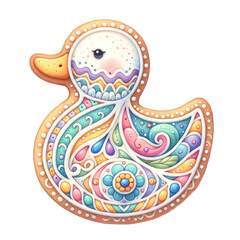A duck-shaped cookie with a colorful design. The cookie is decorated with various colors and patterns, giving it a whimsical and playful appearance
