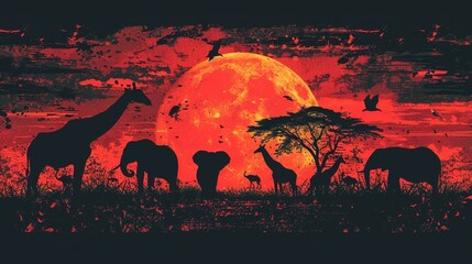 Fototapeta premium Endangered Species Day campaign image featuring silhouettes of endangered animals on a sunset background