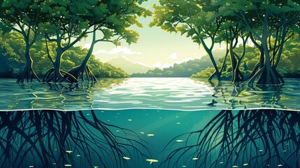 International Mangrove Day poster depicting lush mangrove forests on a coastal ecosystem background