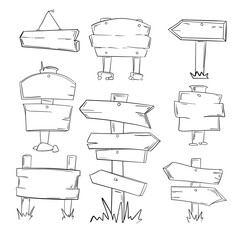 Hand drawn illustration set of doodle wood road signs and arrows