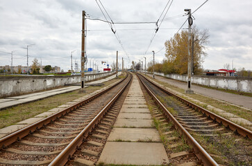 Fototapeta na wymiar City landscape with railroad. Empty Railroad Track