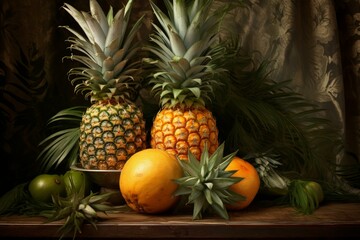 Tropical Ripe pineapple fruit. Ananas leaf. Generate Ai