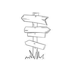 Hand drawn illustration of doodle wood road signs and arrows