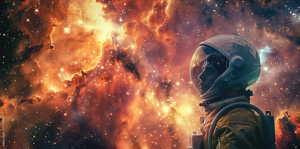 Poster An astronaut gazing out at a mesmerizing nebula. Generative AI.