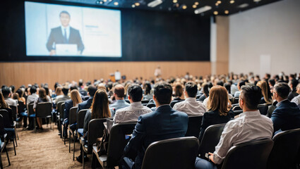 conference that takes place in large conference hall. Audience in conference hall. Rear view of...