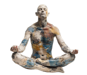 Body painted man in lotus position practicing yoga, cut out