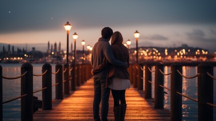 Romantic couple in love hugging standing on the pier near the sea and looking at night city. Rear view. Travel, love, dating concept. - Powered by Adobe