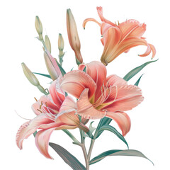 Pink stargazer lilies with green leaves on a transparent background