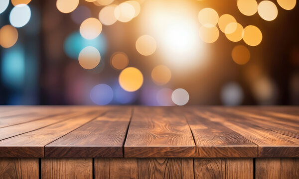 Mockup wooden table for product placement or montage with focus to table top, blurred bokeh background. empty wooden counter table top for product display in pub or bar
