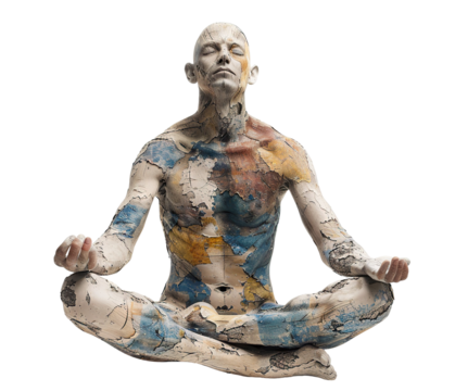 Body painted man in lotus position practicing yoga, cut out
