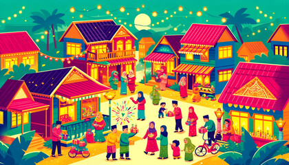 Hari Raya Puasa, families in vibrant traditional attire visiting each other's homes, exchanging gifts and sweet treats