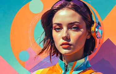 Vibrant image of young woman, donning colorful headphones. Abstract shapes and bright hues of blue, orange, purple surround. Ideal for conveying energetic, youthful vibes