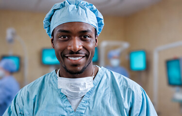 surgeon, African American, dressed in blue scrubs, stands ready in operating room. monitors display vital signs on blurred background