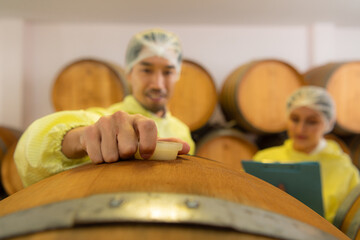 Mature female and male researchers and developers working in winery, Testing wine that has been...