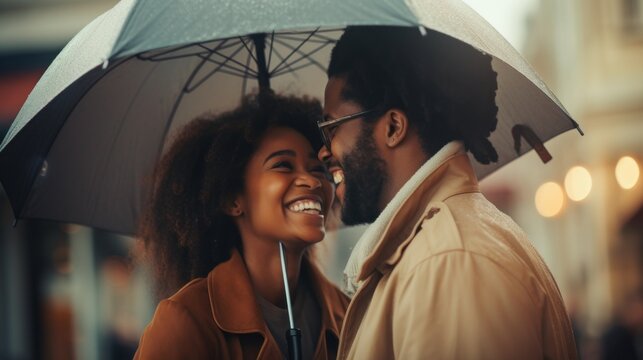 Close op portrait of beautiful african american couple embracing and laughing under the umbrella in rainy day. Love, trust, happiness concept.