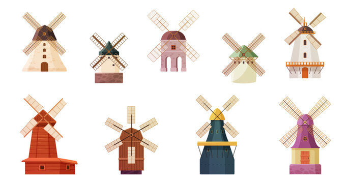Old windmills set. Vintage stone and wooden wind mills of farm countryside landscape of Netherlands or Holland, Dutch towers with fan for grinding wheat grains to flour cartoon vector illustration