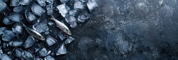 horizontal banner for fish market, fresh seafood, sardine lying on crushed ice, ice cubes, food preservation, gray background, copy space, free space for text