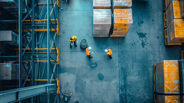 Busy Warehouse Aerial View: Workers and Forklifts in a Modern Storage Facility