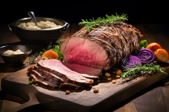 Mouth-watering Roast beef delicious. Cooked plate. Generate Ai