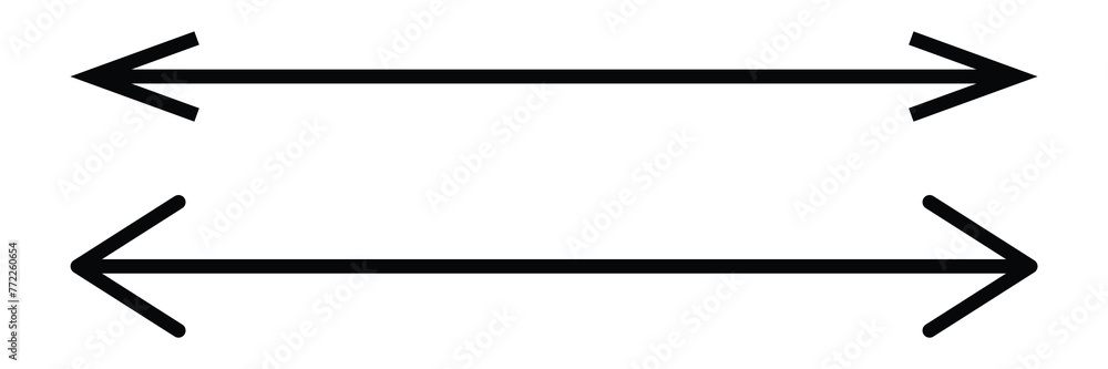 Poster double arrow sign. horizontal long straight arrow with two left and right pointers. black width symb