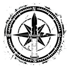A monochrome emblem featuring a compass with cardinal directions and a central motif of a crossed Bowie knife and fire starter over a rough terrain background.