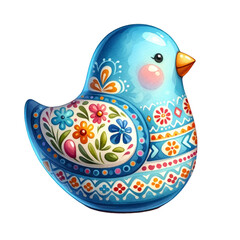 A blue bird with flowers painted on it. The bird is cute and colorful. It is a decorative item that can be used as a centerpiece or a gift