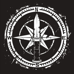 A monochrome emblem featuring a compass with cardinal directions and a central motif of a crossed Bowie knife and fire starter over a rough terrain background.