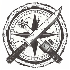 A monochrome emblem featuring a compass with cardinal directions and a central motif of a crossed Bowie knife and fire starter over a rough terrain background.